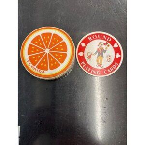 Vintage Round Playing Cards Set With Clown Design & Florida Orange Tin Made In H